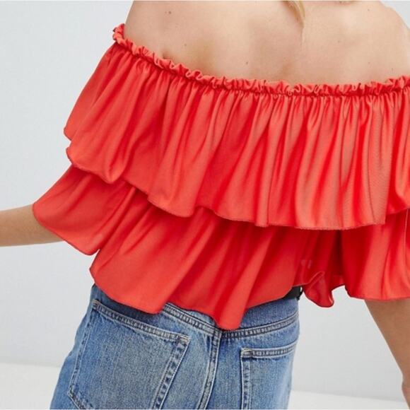 ASOS Red Off Shoulder Ruffle Peasant Top Size 2 Boho Blouse - Picture 3 of 8